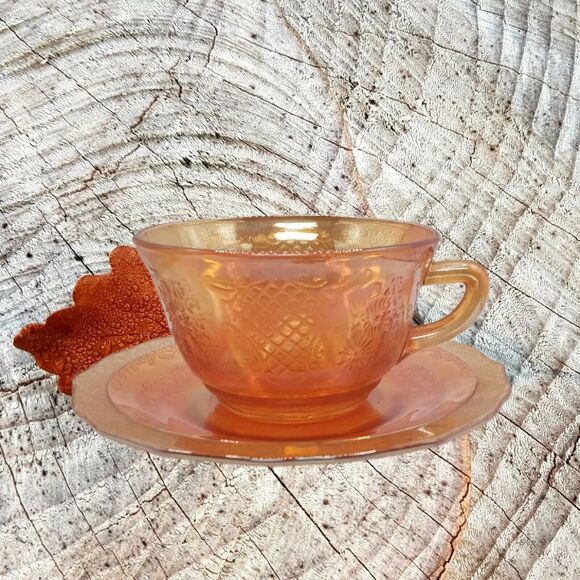 Vintage Carnival Glass Cup Saucer Marigold Amber Floral Lattice MCM Decor VTG - Picture 1 of 12